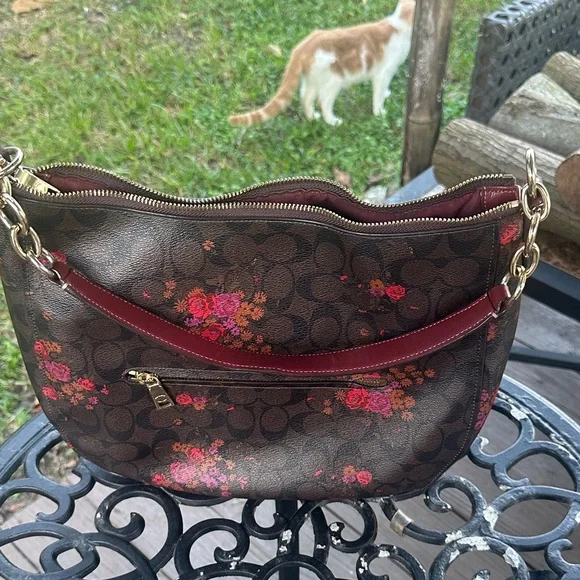 Coach Brown Shoulder Bag with Pink Floral Design - Picture 3 of 6